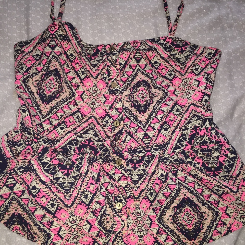 Cute Printed Pink Peplum Tank with Gold Buttons